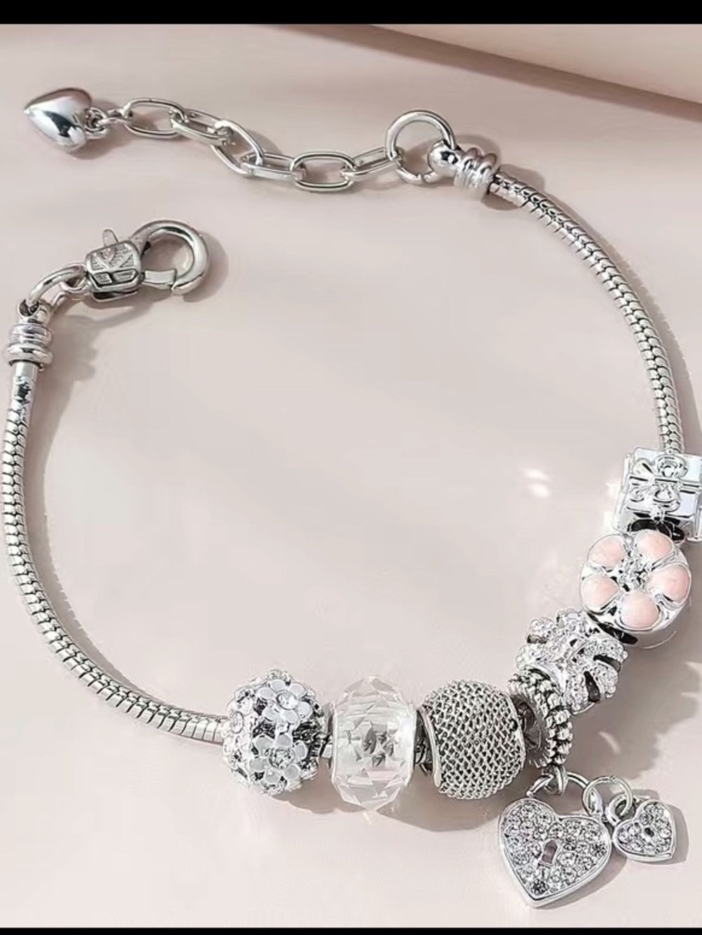Silver Heart Charm Bracelet with Pink Flower Charm - Pandora Style